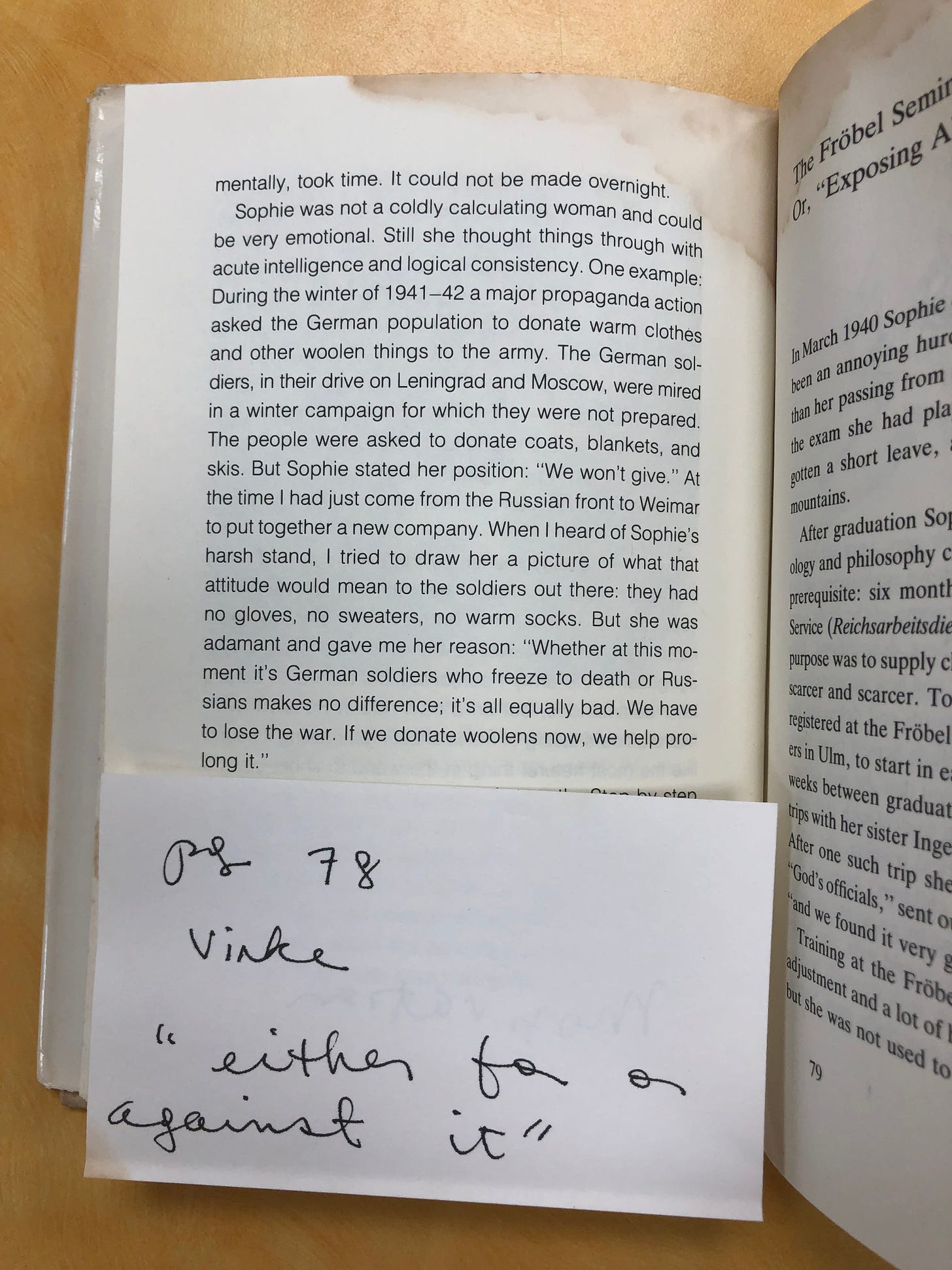 Picture from Hermann Vinke book showing a story about Sophie Scholl, which I have included in the body of this newsletter. There's also an index card with my handwritten note to myself on it -- pg. 78, Vinke "either for or against it"