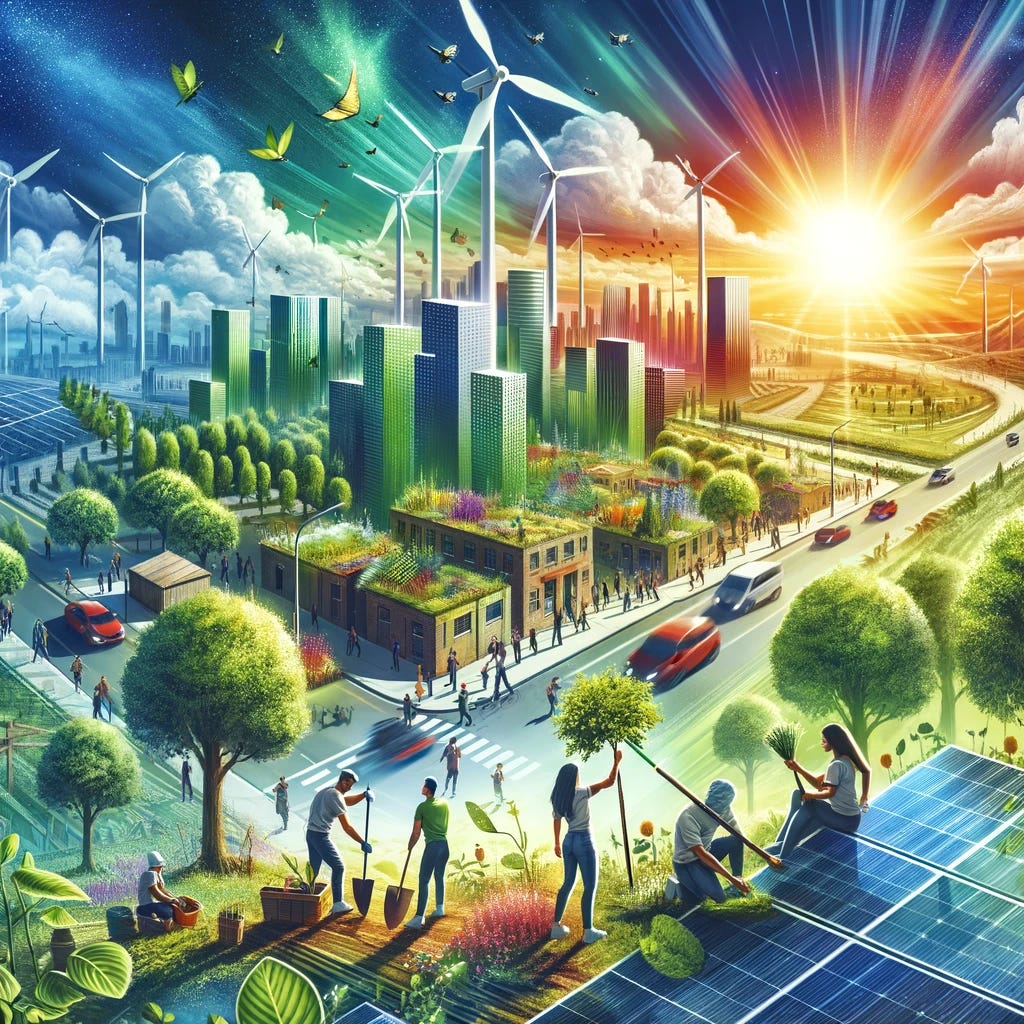 A vibrant, dynamic image representing the green economy and energy transition. The foreground features people of diverse backgrounds working together, planting trees and installing solar panels. The background showcases a bustling, modern city with green roofs, wind turbines in the distance, and electric vehicles on the streets. The sun shines brightly in the sky, symbolizing hope and a cleaner future. The overall atmosphere is optimistic, filled with greenery and renewable energy sources, emphasizing sustainability and environmental responsibility.