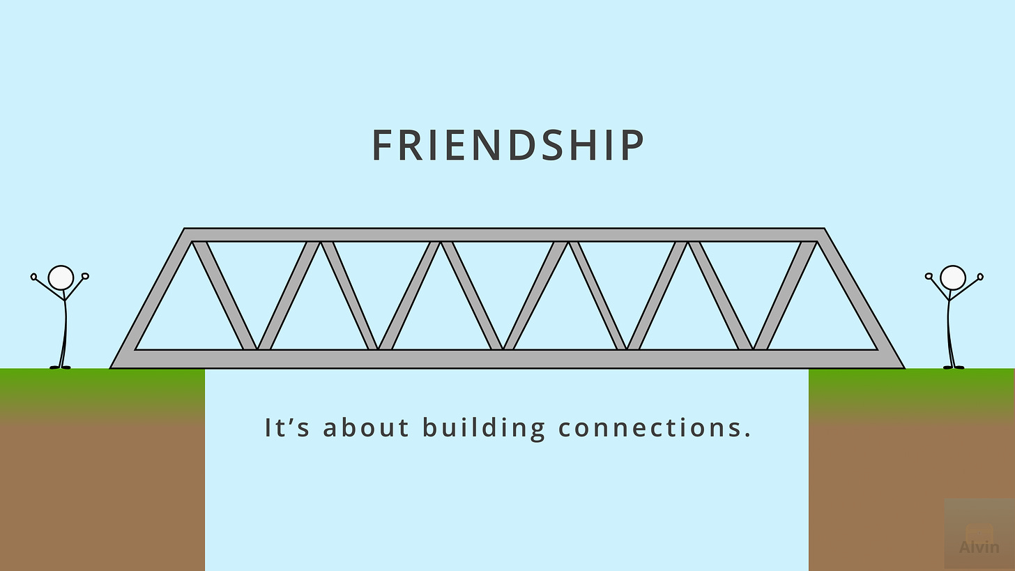 Friendship. It's about building connections. Like two people on opposite sides of a chasm building a bridge over it.