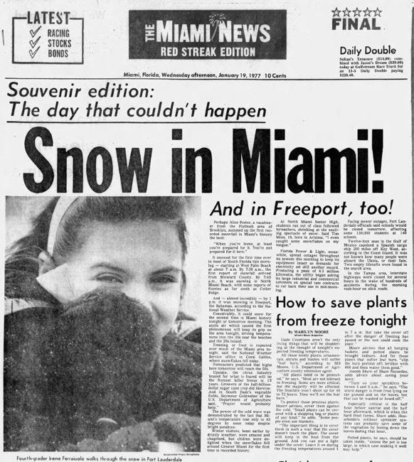 Souvenir edition in the Miami News on the day it snowed in Miami.