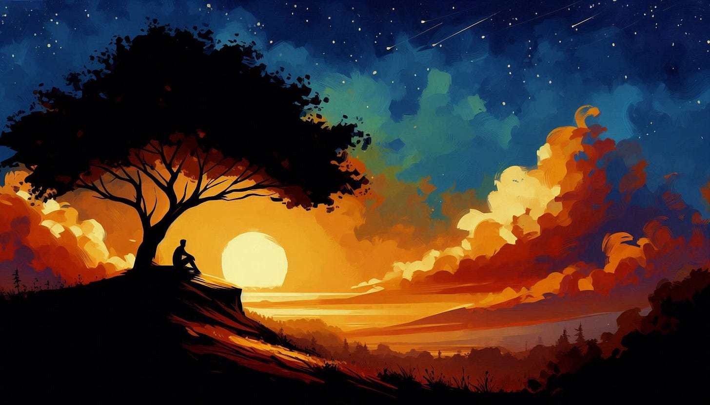 style painting of a silhouette sits underneath a tree that is on top of a hill