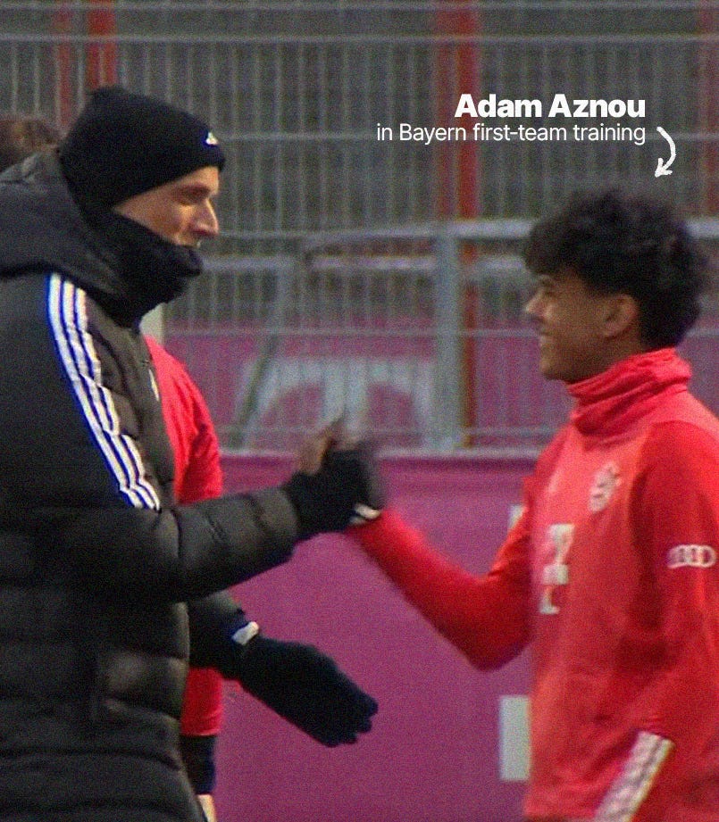 A screenshot of Adam Aznou dapping up Thomas Tuchel before a Bayern München training session.