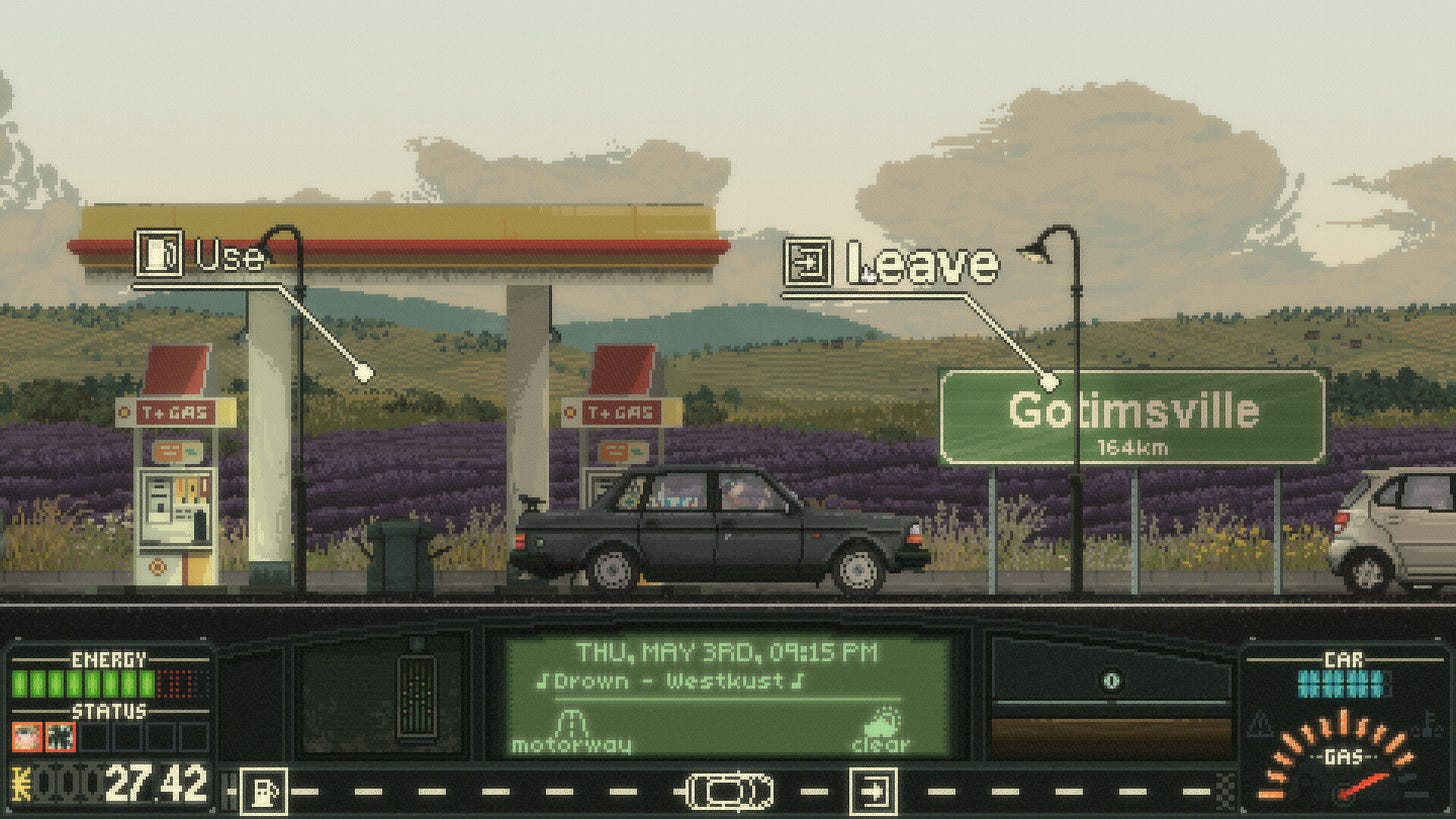 In hi-rez pixel art, a beat-up car pulls up to a gas station in the countryside. A HUD reads values for time, date, energy, money, gas, and durability. A radio plays "Drown" by Westkust.