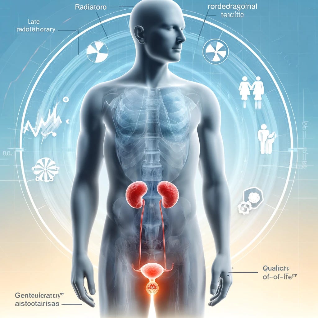 A professional medical illustration depicting the relationship between early and late radiotherapy (RT) side effects in prostate cancer patients. The image features a clean and modern depiction of a human silhouette highlighting the prostate and bladder area, with visual indicators representing genitourinary and gastrointestinal toxicity. Abstract icons for radiation waves and quality-of-life metrics are subtly integrated. The background conveys a scientific and optimistic tone with soft blue and white gradients, emphasizing medical progress and innovation.