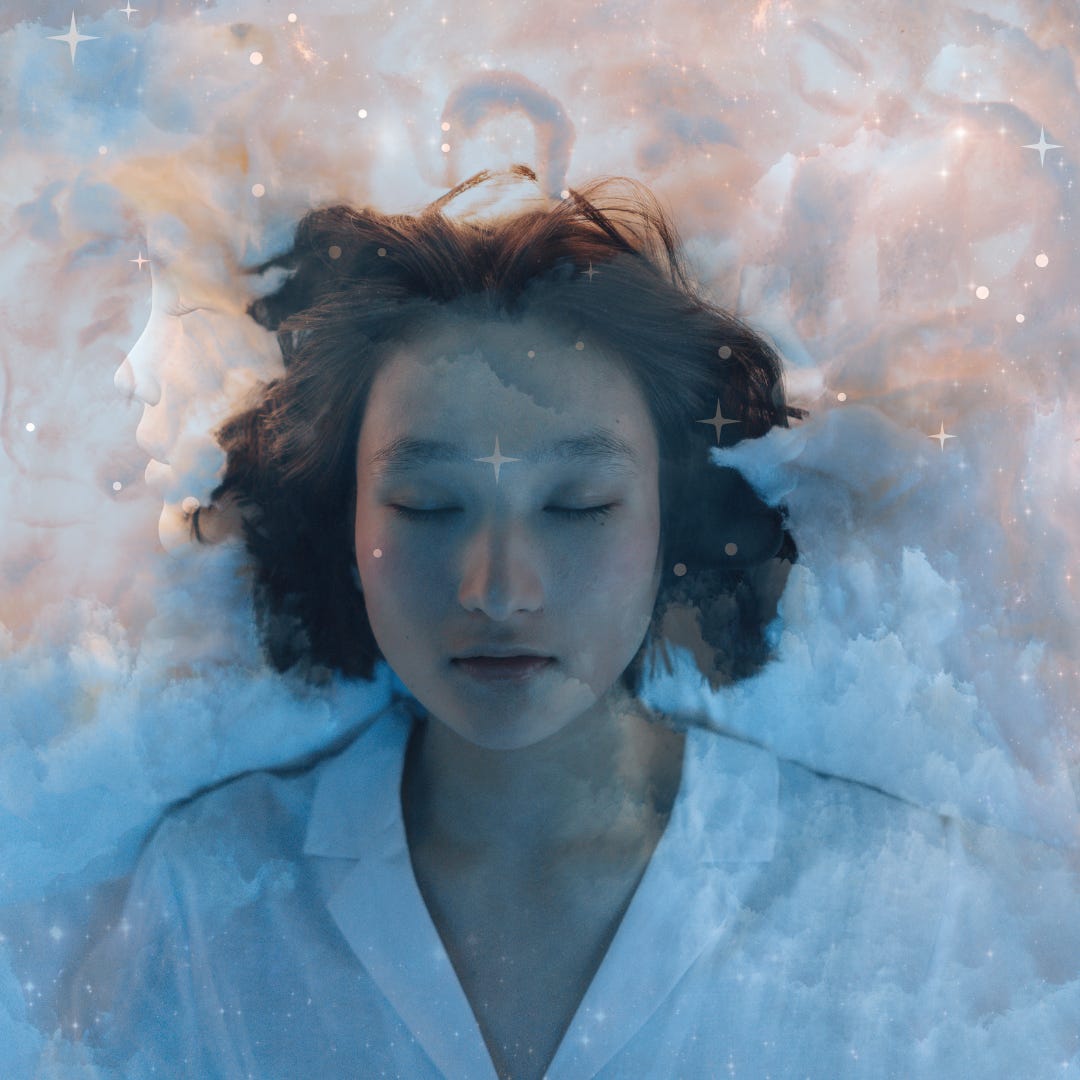 A young woman sleeps peacefully, surrounded by clouds and celestial light. Ethereal figures emerge from the mist, symbolizing Pisces' deep connection to dreams, intuition, and the subconscious realm