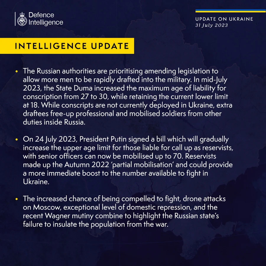 Latest Defence Intelligence update on the situation in Ukraine - 31 July 2023. Please see thread below for full image text.