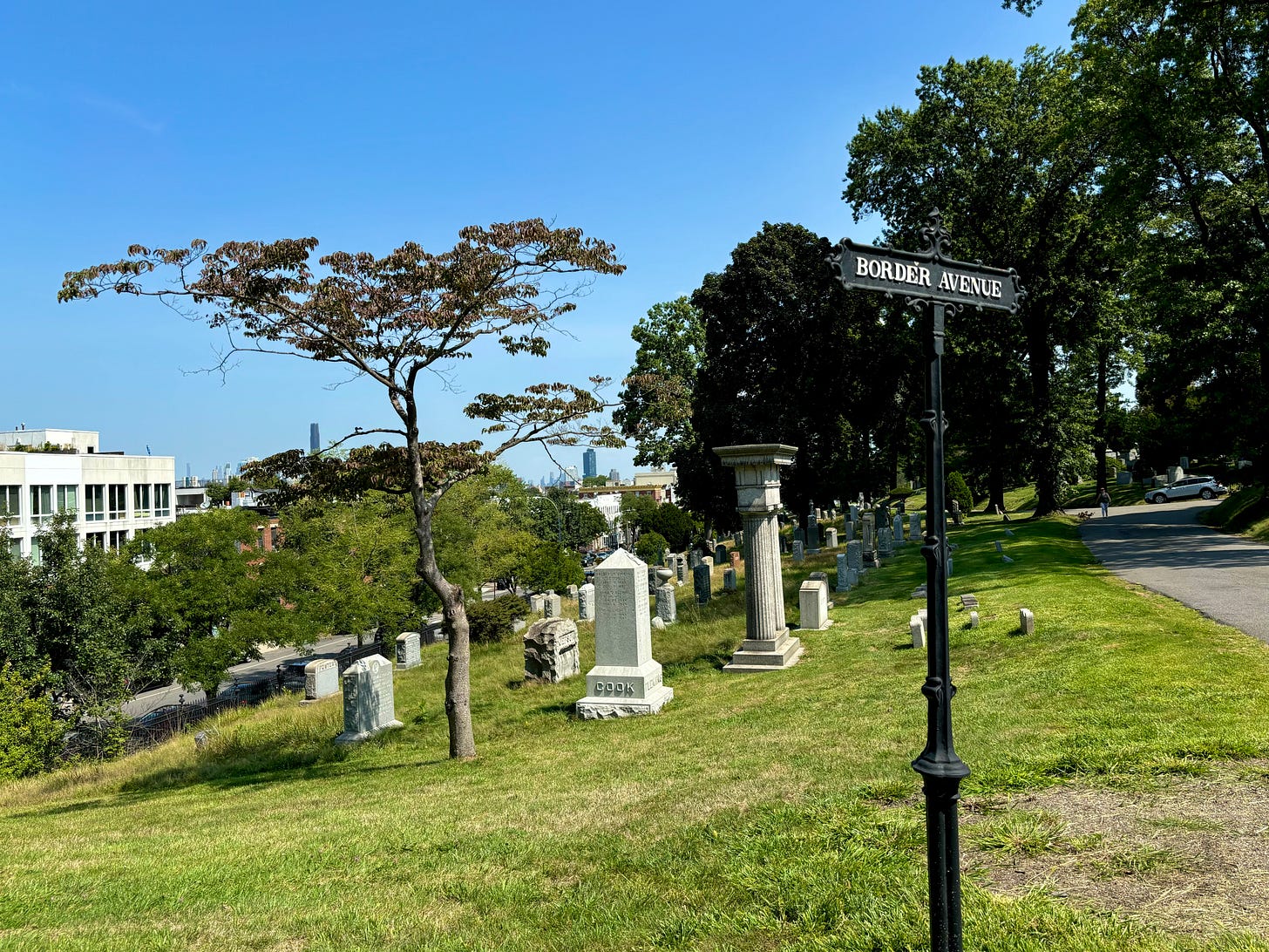 Looking over Brooklyn from a path in Green-Wood Cemetery marked Border Avenue.