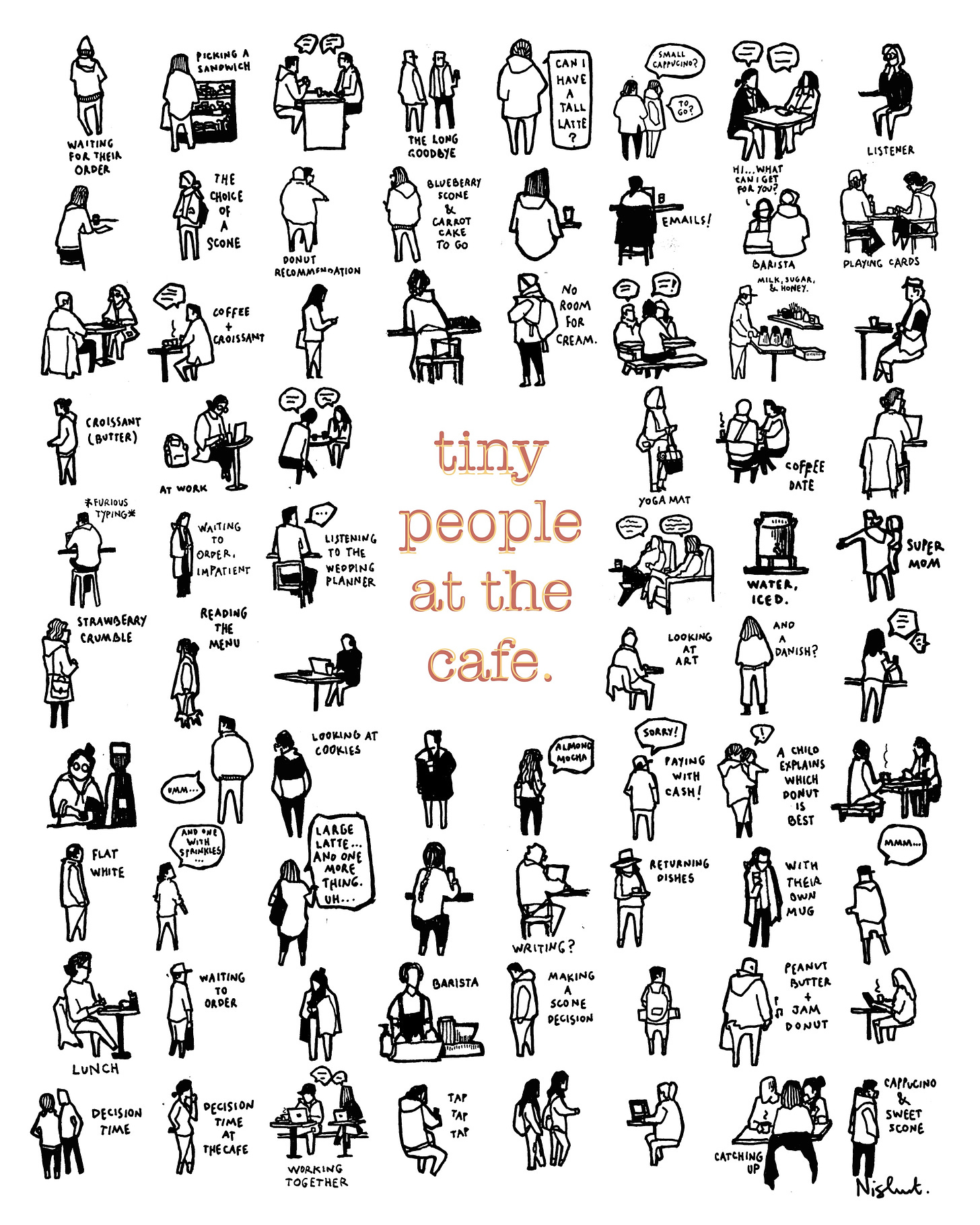 A poster of tiny people at the cafe

Description automatically generated