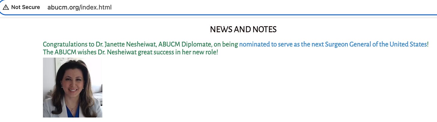 Screenshot of the News and Notes from ABUCM congratulating Nesheiwat on her nomination.