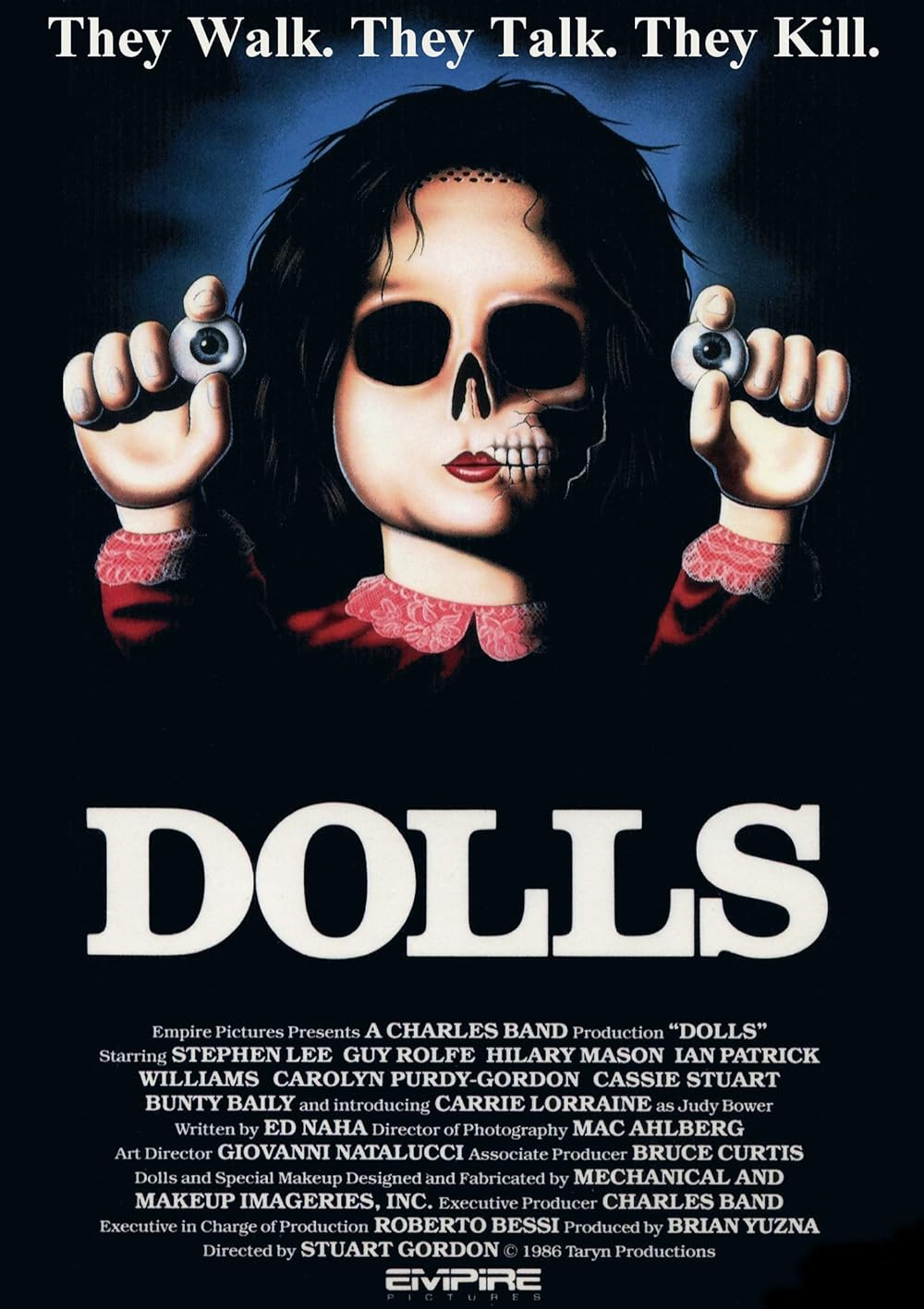 VHS COver for the movie Dolls featuring a doll with half its face exposed as a skull, holding its eyeballs in each hand