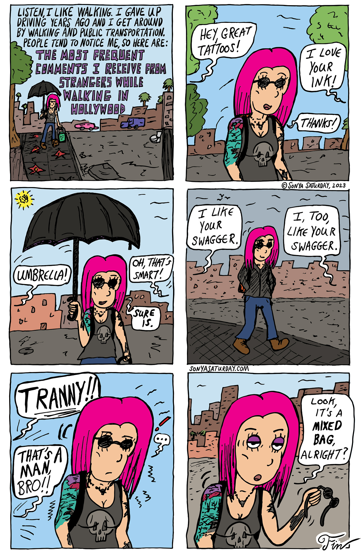 Comic strip about people shouting remarks at Sonya Saturday while she walks through Hollywood
