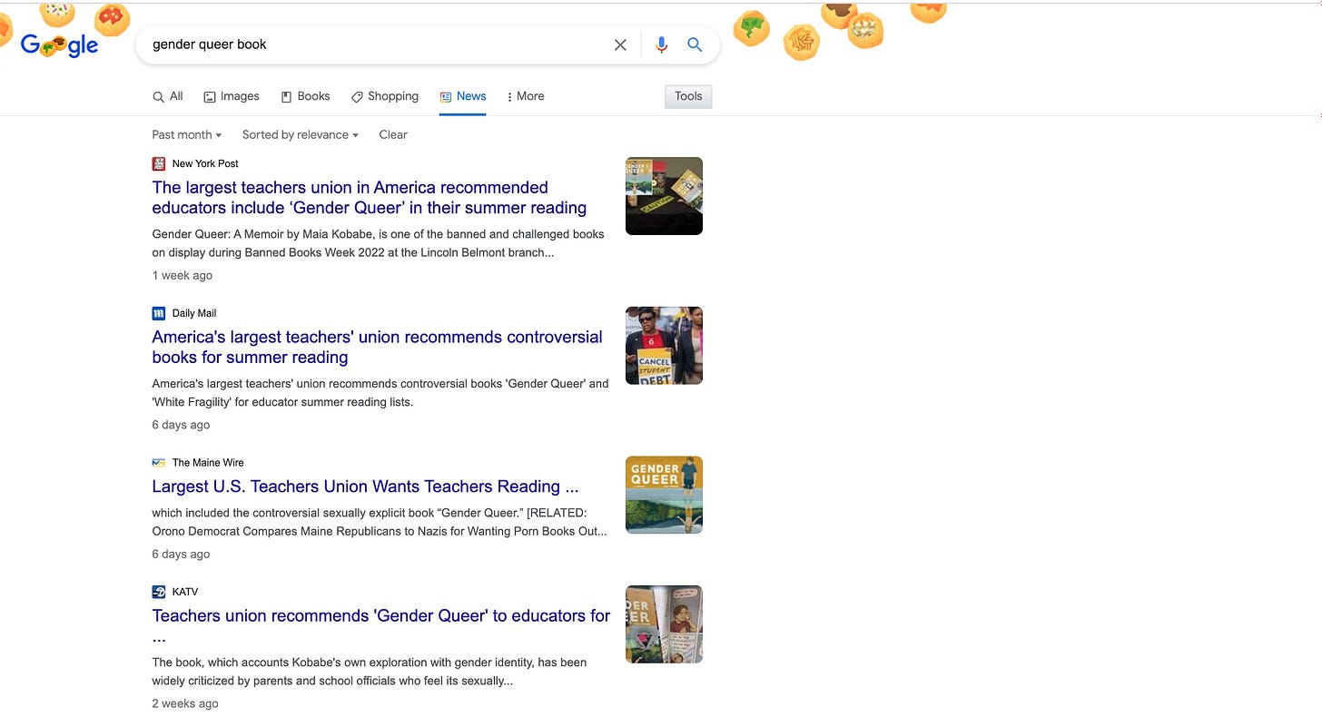 Google news search results for "Gender queer book."