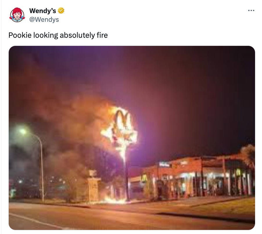 Wendy's tweet that says "Pookie looking absolutely fire"