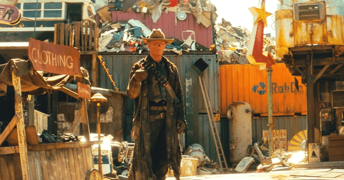 A screencap from the series Fallout features a ghoul (described in the article) in a junk town not unlike many towns in our world today.