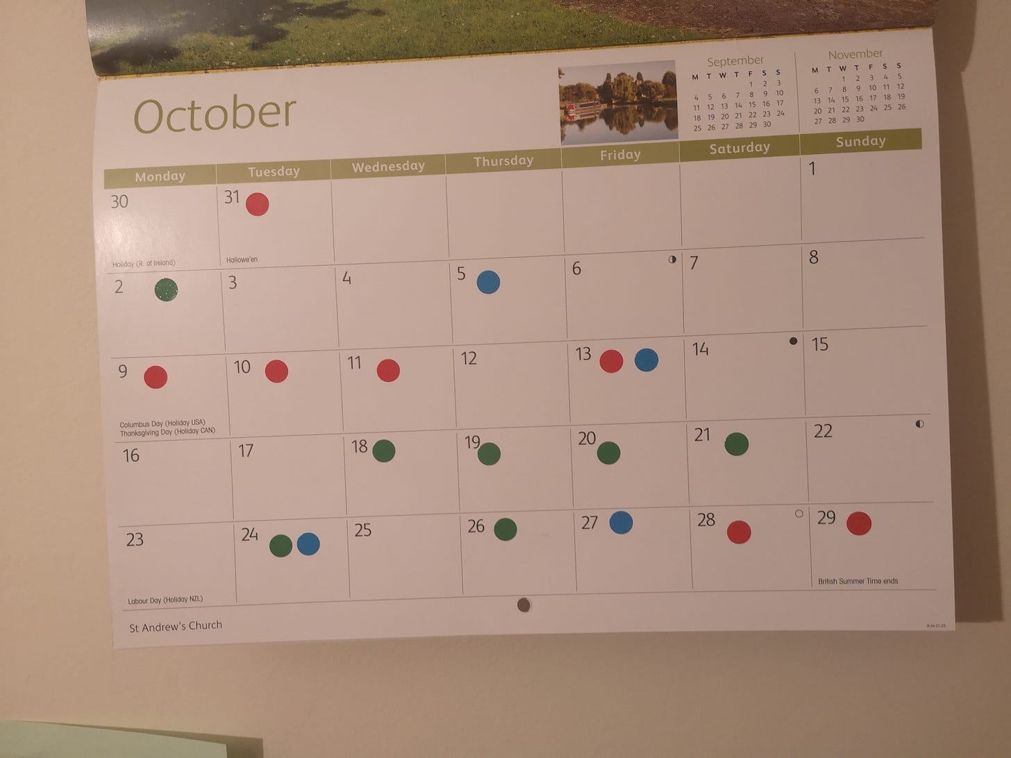 Picture of October calendar with sticky dots