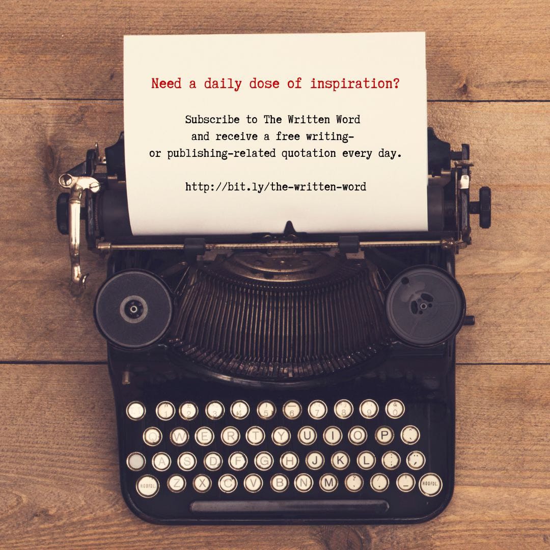 Promo for The Written Word quote service - features typewriter with wood background