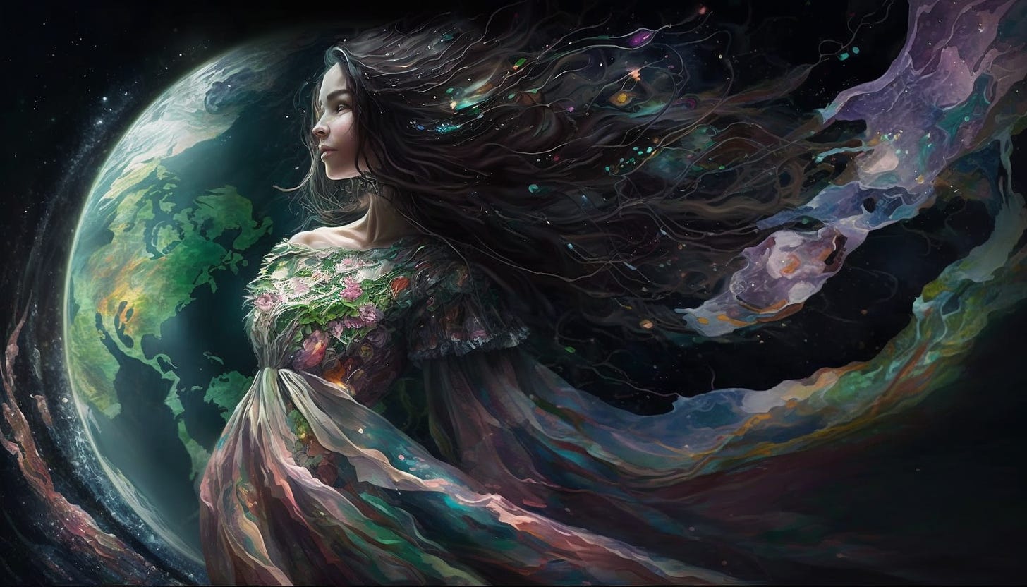 Mother Nature, pictured as a woman with long flowing black hair, standing in front of the Earth. She is looking to the left of the picture, and her hair and multicolored dress is blowing to the right.