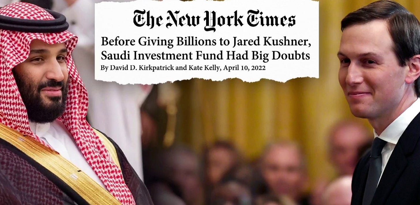 Jared Kushner's $2 billion dollar dollar investment from Saudi Arabia  sparks calls for criminal investigation