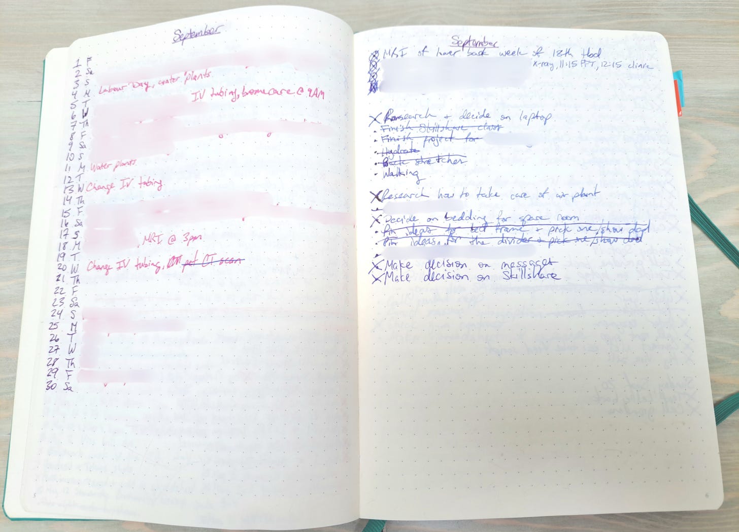 Vertical calendar on left page of notebook with to-do list on right page.