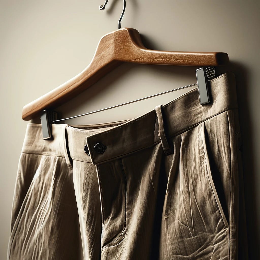 A detailed image of a pair of worn-out dress slacks hanging on a hanger. The slacks are made of fine fabric but show signs of wear such as slight fading, subtle stains, and minimal fraying at the edges. They hang on an elegant wooden hanger, accentuating their formal nature despite the wear. The background is soft and neutral, focusing attention on the texture and condition of the slacks, highlighting their history and usage.