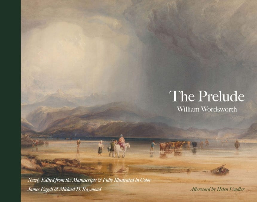 The cover of Wordsworth's The Prelude, which has the title of the book and the names of its editor imposed upon a 19th-cenutry painting of people and livestock on the short of a lake in the mountains beneath a cloudy sky.