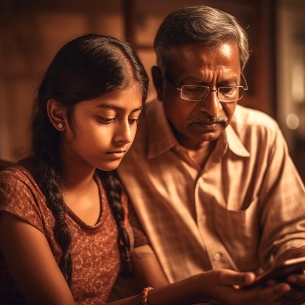 A young Indian girl teaching her middle aged father how to use an app on his mobile