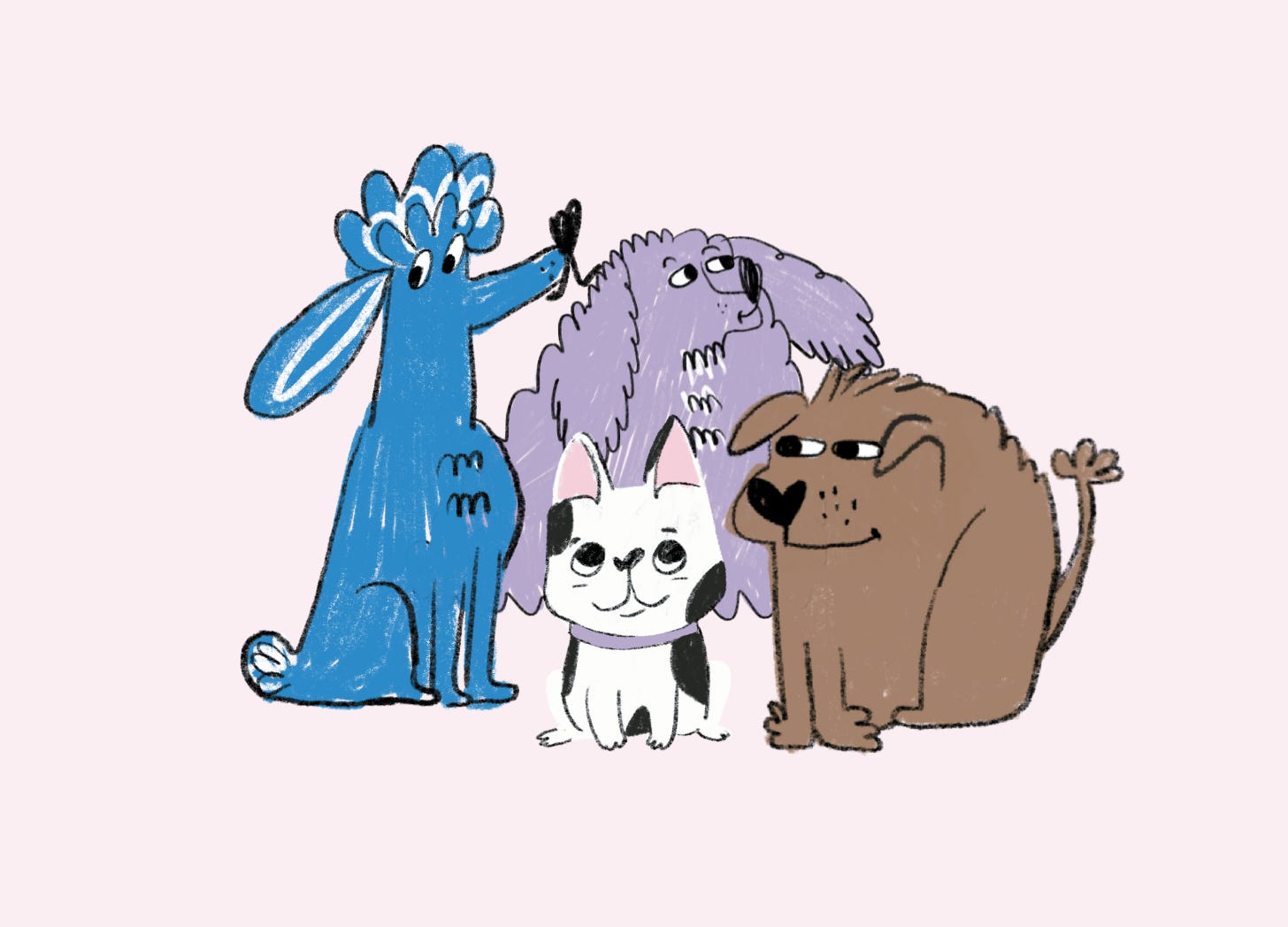 Illustration of a group of dogs of different sizes, textures, and colors.