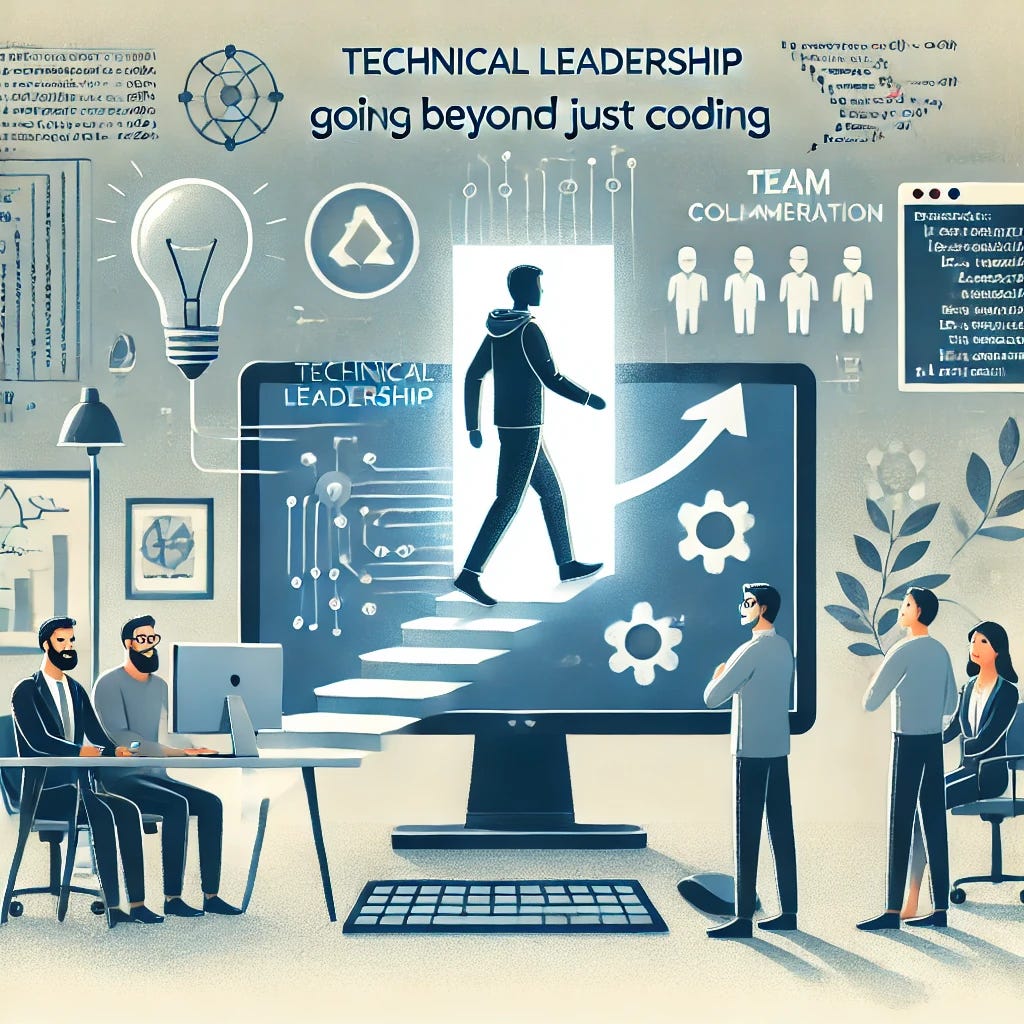 An illustration representing the concept of technical leadership going beyond just coding. The image shows a coder stepping out from behind a computer monitor, engaging with colleagues in an office setting. There are elements of communication such as speech bubbles, leadership symbols like a guiding hand or light bulb, and team collaboration depicted by people working together and mentoring. The background includes subtle technical symbols like code snippets and algorithms integrated into the office environment to represent the technical foundation.