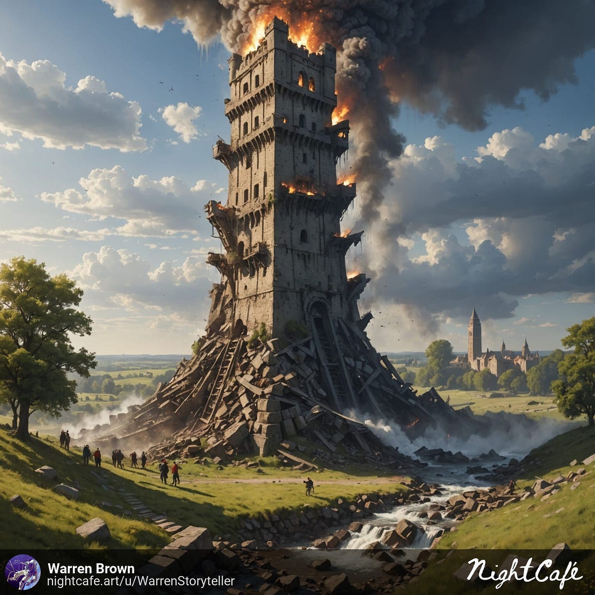 A flaming breaking tower