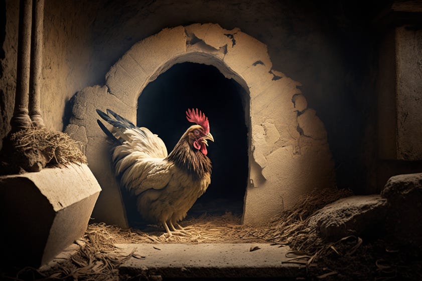 Rooster outside an empty tomb