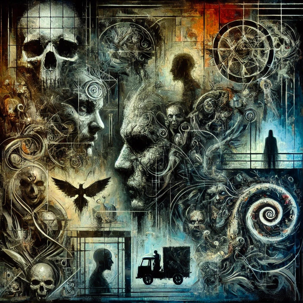 A complex and abstract depiction of themes like ponerology, pathocracy, psychopathy, and evil. The scene should include dark, shadowy figures, twisted environments, and subtle symbols of manipulation and control. The atmosphere should be intense and unsettling, with elements such as distorted faces and eerie, oppressive backgrounds to convey the sinister nature of these concepts.