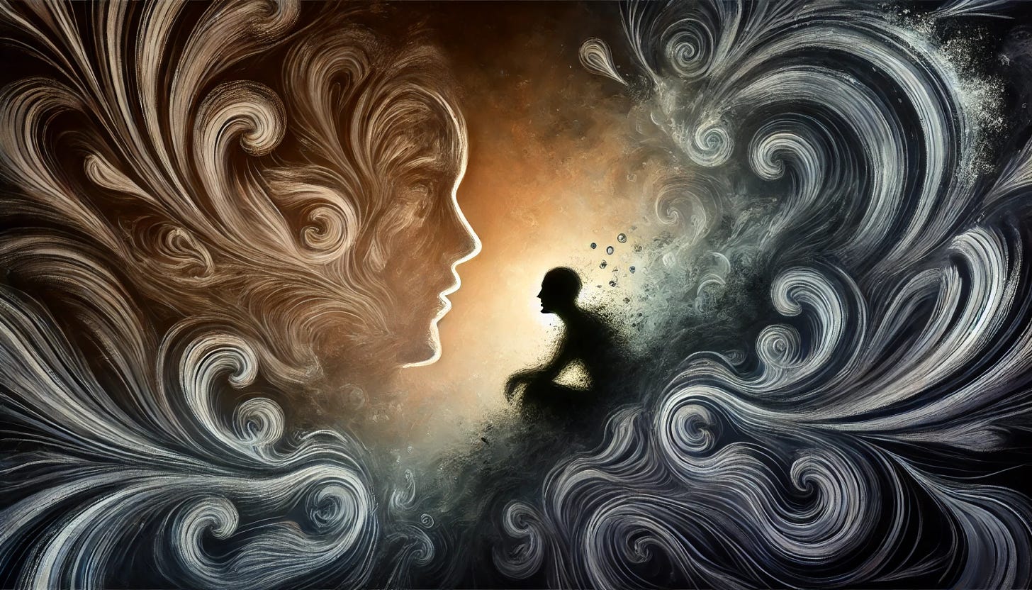 An abstract representation of a person’s inner world. The image features a silhouette of a person in a contemplative pose, surrounded by dark, swirling shapes and patterns. A larger human face profile emerges from the swirling patterns, symbolizing an internal dialogue or the presence of an "inner critic." The contrasting light and dark elements create a sense of conflict and introspection