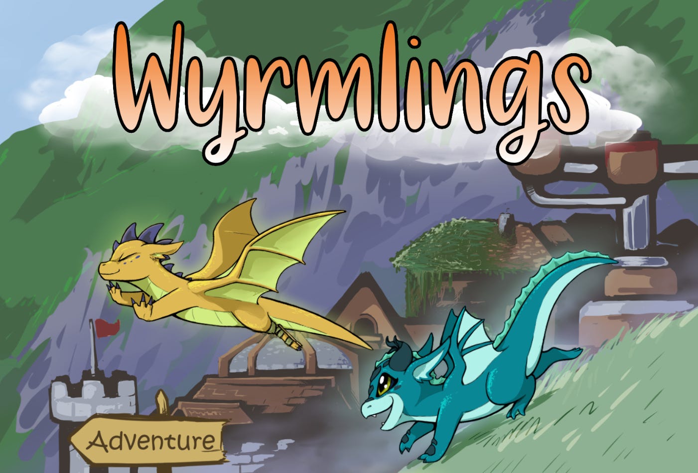 Cover of the Wyrmlings RPG depicting five wyrmlings romping through a grassy field. Behind them is a castle and a sign that says 