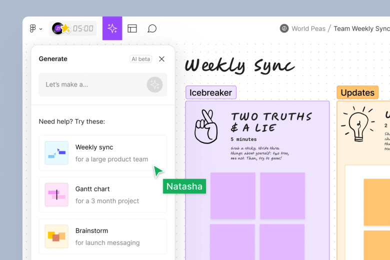 A "weekly sync" is selected from the prompt panel and a FigJam board is populated with a template.