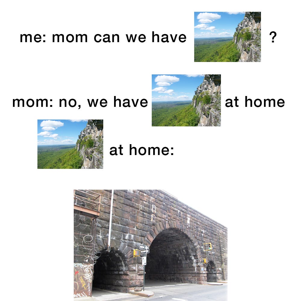 a white square with text that reads "me: mom can we have (image of a cliff) / mom: no, we have (image of a cliff) at home / (image of a cliff) at home: (image of a graffitied bruck archway next to a traffic light)