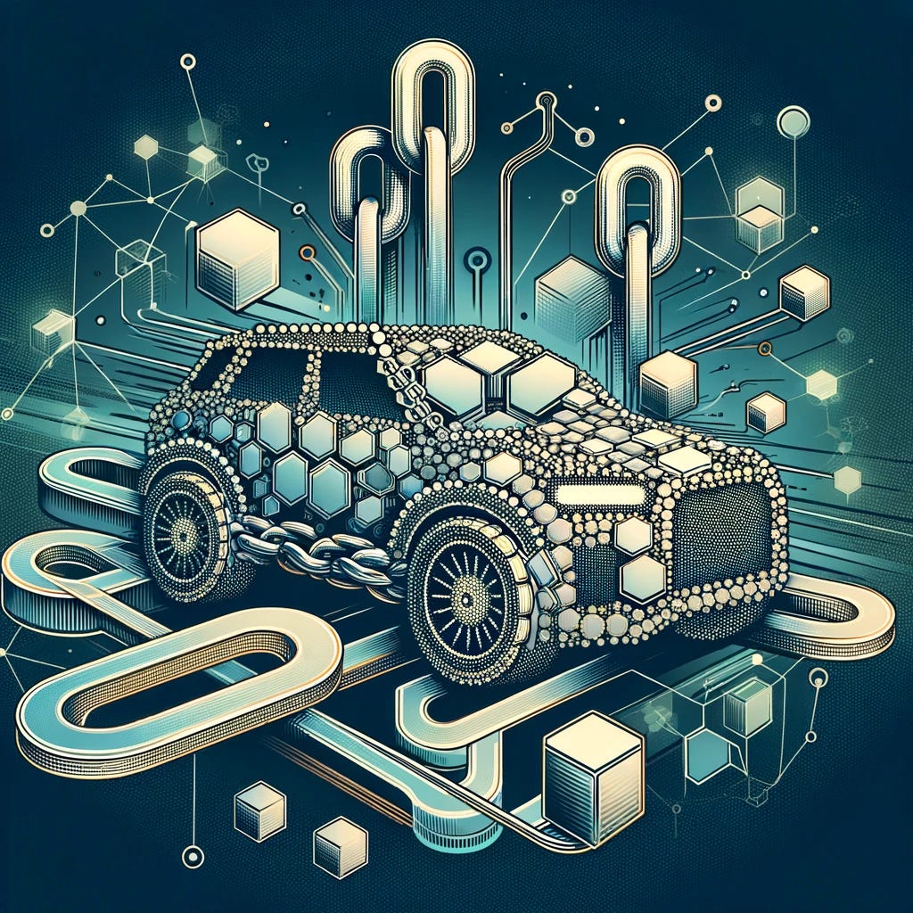 An abstract and impactful graphic representing blockchain technology in an automotive context, without any words. The image should combine elements symbolizing blockchain, such as interconnected blocks or chains, with abstract automotive elements like stylized vehicle outlines, wheels, or roads. The artwork should be visually striking, conveying the idea of blockchain technology seamlessly integrating with the automotive industry. The style should be modern and artistic, focusing on a creative, symbolic interpretation that captures the essence of blockchain's impact in the automotive sector.