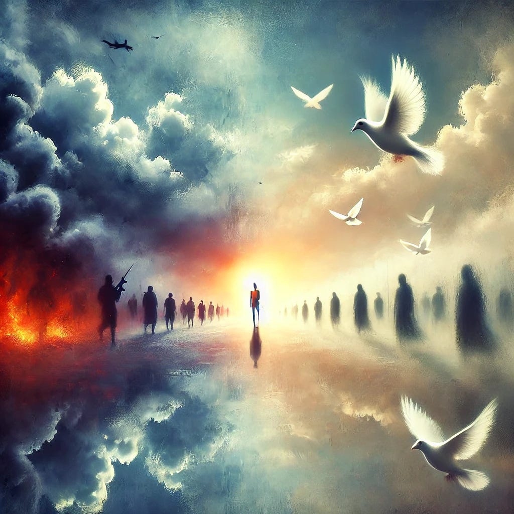 A surreal, dream-like representation of political de-escalation. The scene is a vast, distorted landscape with elements of conflict on one side and peace on the other. On the left, dark, swirling storm clouds and shadowy, indistinct figures symbolize chaos and tension. The figures are partially hidden, suggesting uncertainty. On the right, a soft, glowing light stretches across a calm sky, symbolizing hope and peace, with doves flying through the air. A central figure, an ambiguous silhouette with an orange glow, stands between the two forces, their stance neutral, embodying the transition from conflict to resolution. The image feels dreamlike, with a soft, blurred atmosphere blending the two contrasting elements.