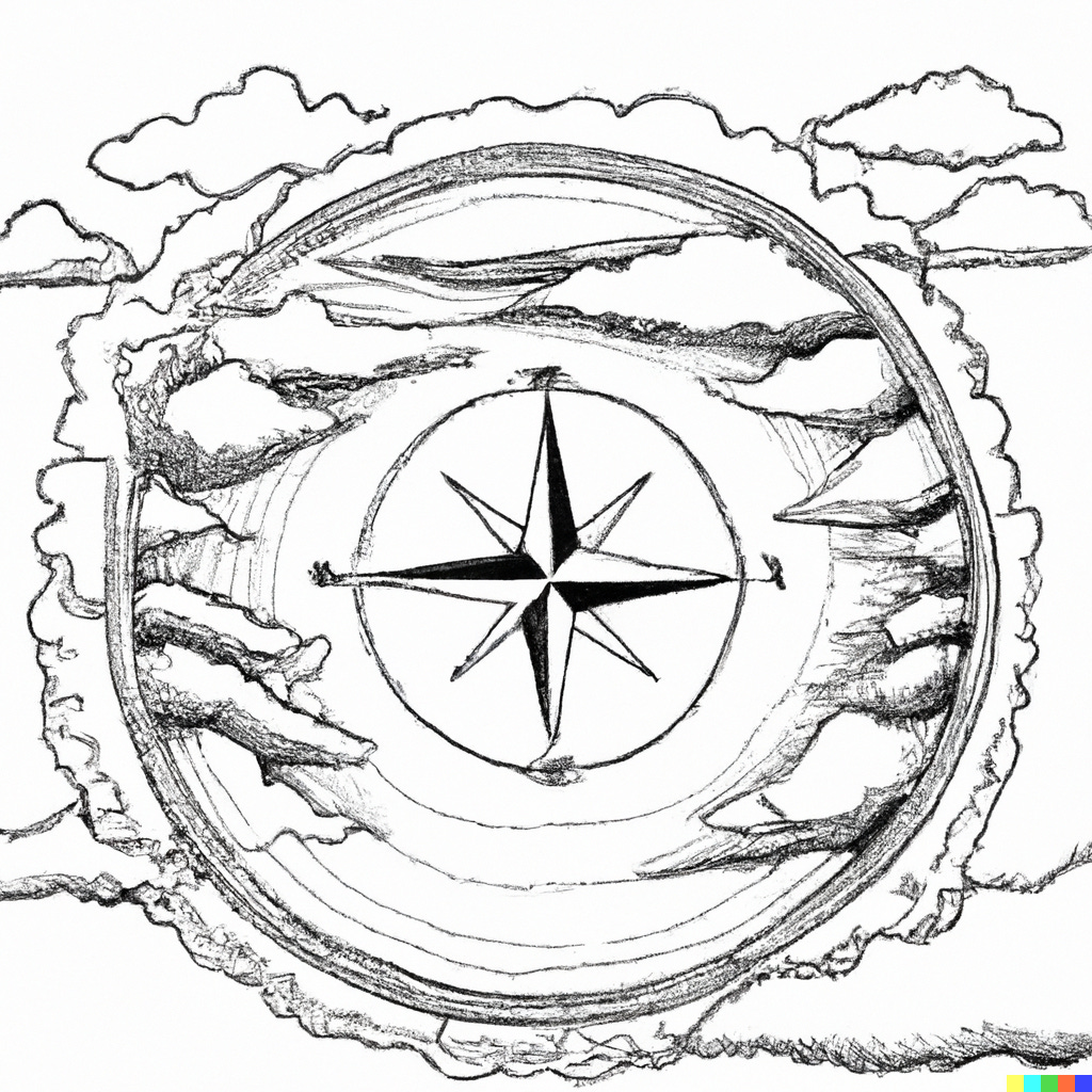 An Image of a compass in a circle with clouds