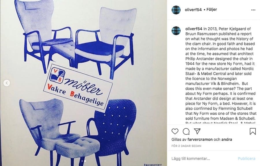 One of the Instagram accounts that believes that Philip Arctander is not behind the Clam chair is @oliverf54. Photo: Instagram One of the Instagram accounts that believes that Philip Arctander is not behind the Clam chair is @oliverf54. Photo: Instagram