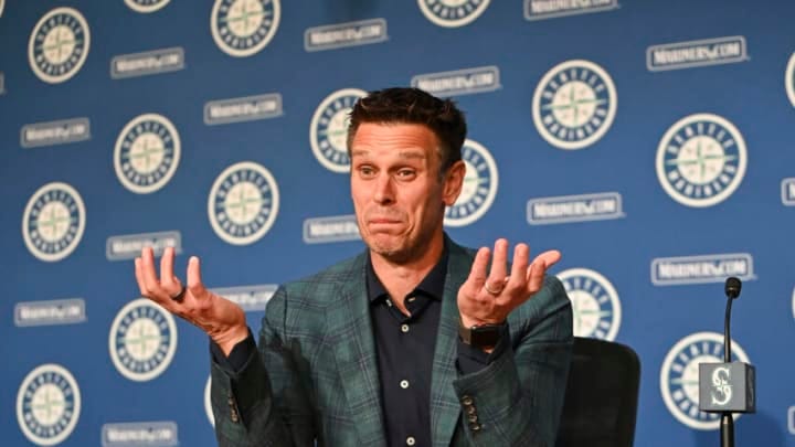 SEATTLE, WASHINGTON - JULY 17: Baseball Operations President Jerry Dipoto of the Seattle Mariners addresses the media after picking SS Cole Young 21st overall in the 2022 MLB Draft at T-Mobile Park on July 17, 2022 in Seattle, Washington. (Photo by Alika Jenner/Getty Images)