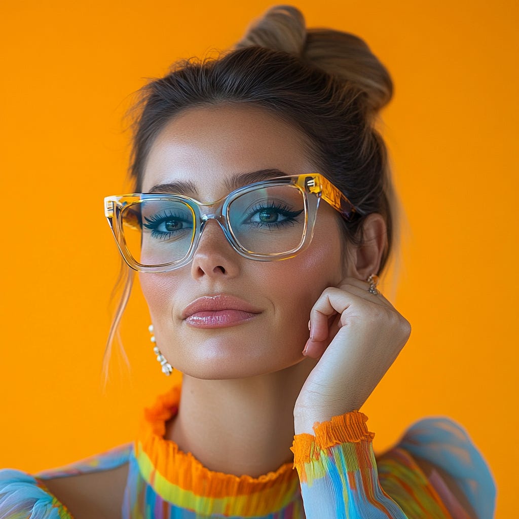 imagine a woman thinking, a mysterious smile, looking at the camera, wearing eye glasses and accessories with contrasting vivid colors. A studio shot, contrasting colors, single vivid color flat background color