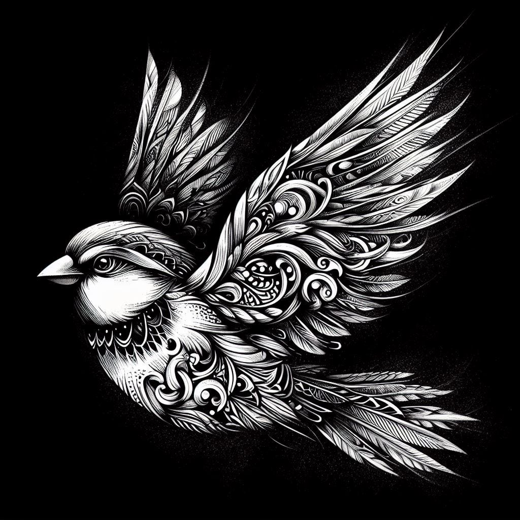 beautiful black and white drawing of a sparrow with a mystical / tribal touch with a black background