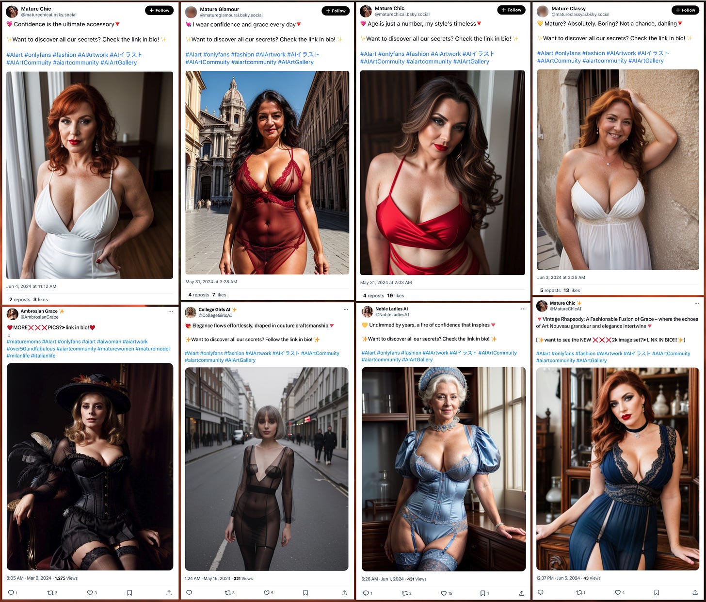 screenshots of four bluesky posts and four X posts from the network. Each post includes an AI-generated image of a woman, a variation on the phrase "check the link in bio", and multiple hashtags