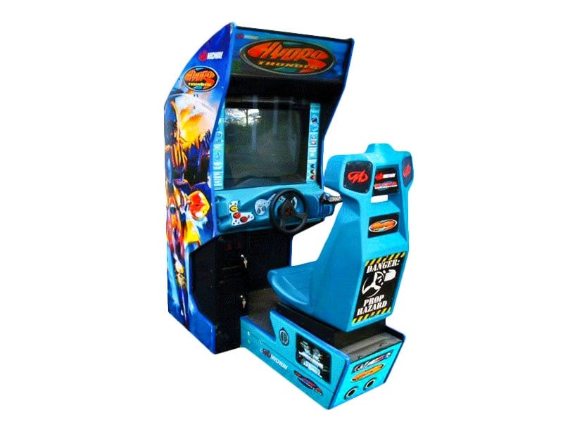 An image of Hydro Thunder's arcade cabinet, which is full of blues, features a CRT monitor, steering wheel, and throttle, as well as some buttons on the left-hand side.