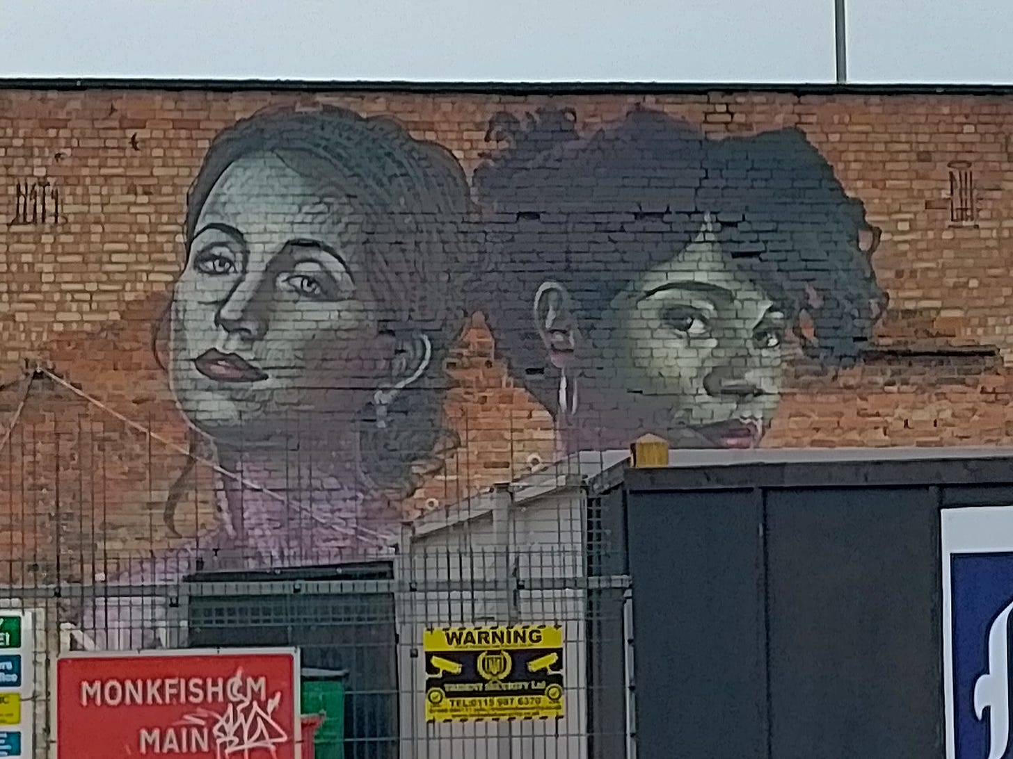 Large wall mural behind construction site - two ladies faces