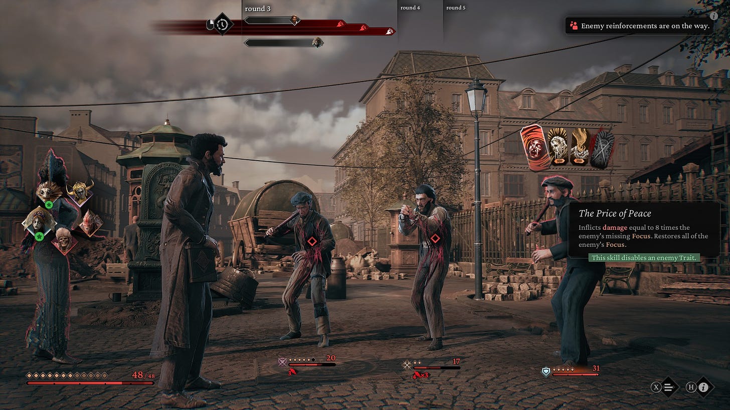 A screenshot of the game The Thaumaturge, showing the combat perspective against some Polish thugs.