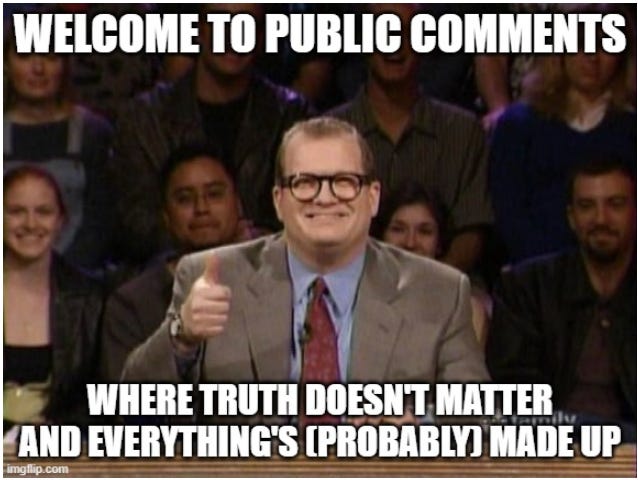 Image of smiling Drew Carey with caption "Welcome to public comments where truth doesn't matter and everything's probably made up"
