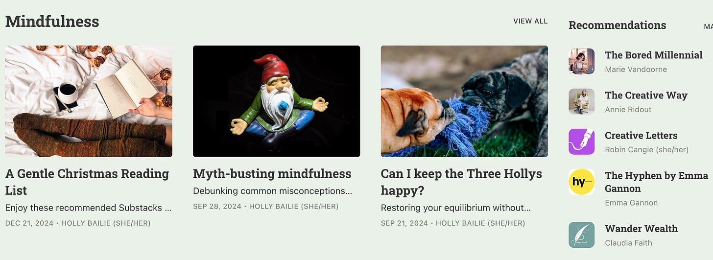 screenshot of Mindfulness section onZestful Zen Substack homepage