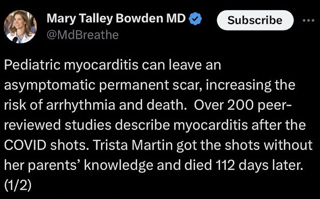 Mary Talley bowden posts a long rant fearmongering about pediatric vaccine myocarditis and falsely blames the COVID-19 vaccine for killing a child.