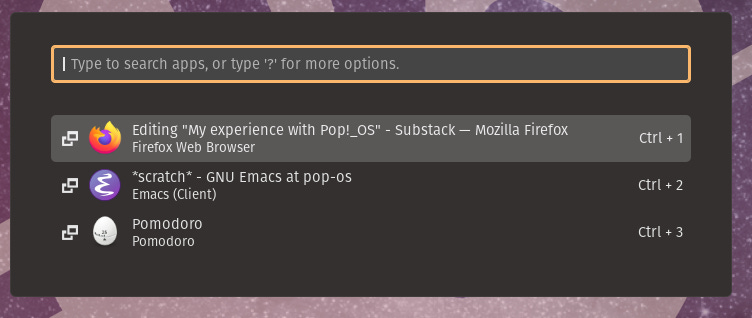 Pop!_OS launcher showing firefox emacs and a pomodoro app